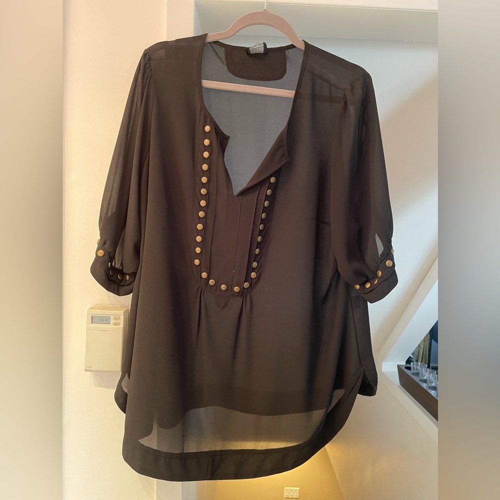 Black 3/4 sleeve sheer blouse with gold studs